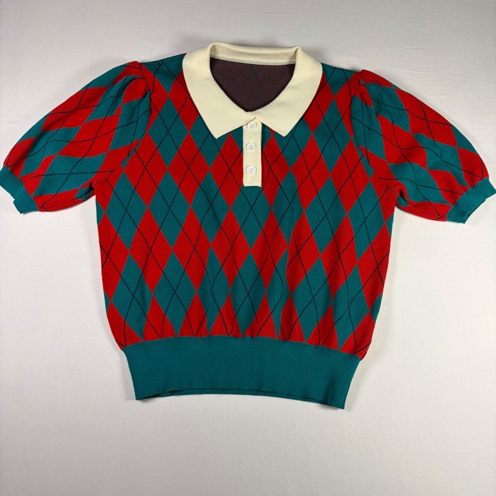 Holiday Argyle Polo Sweater Green Red Puff Sleeve Holiday Preppy Elf Women L